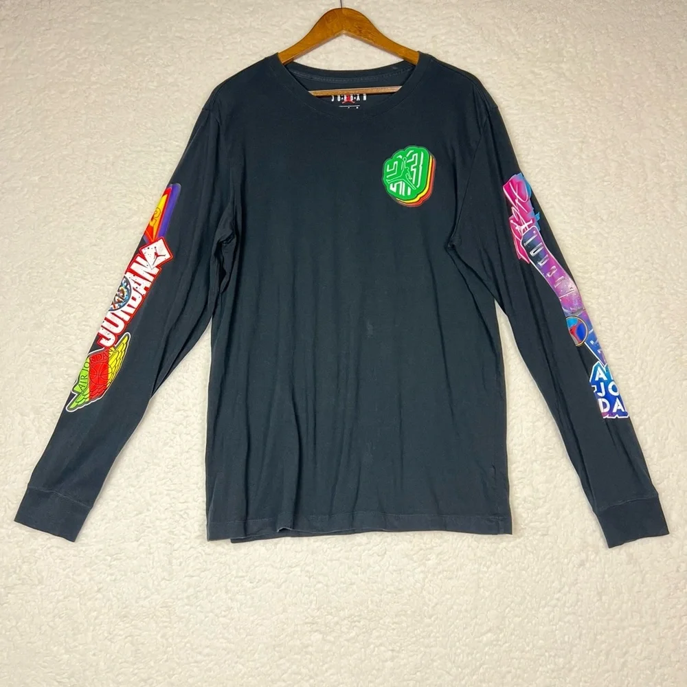 Jordan Black Long-Sleeve Shirt with Neon Sleeve Graphics Size Large